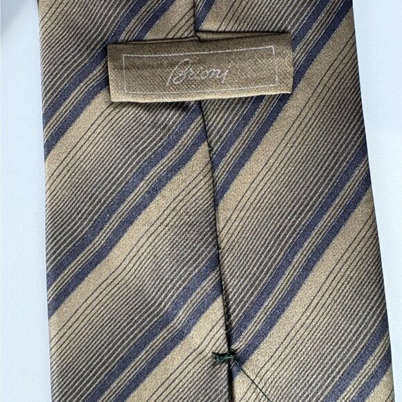 Brioni Mens Striped Silk Tie Tan Navy Hand Made in Italy Career Office Business - Picture 6 of 7